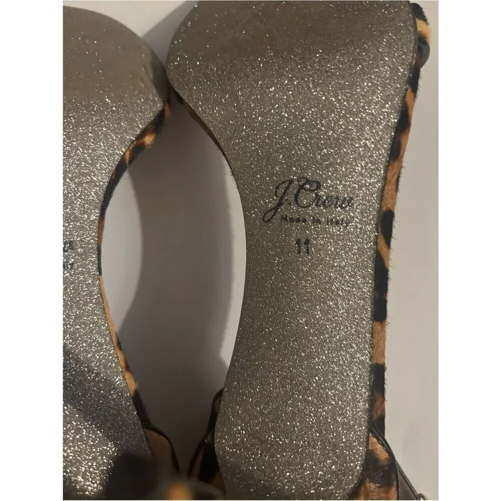 J. Crew Riley Sandals in Leopard Calf Hair With Glitter Sole Size 11 ~ excellent